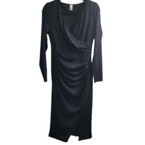 NWT Popilush Black Shapewear Faux Wrap Midi Dress XL Ruched Long Sleeve Bodycon